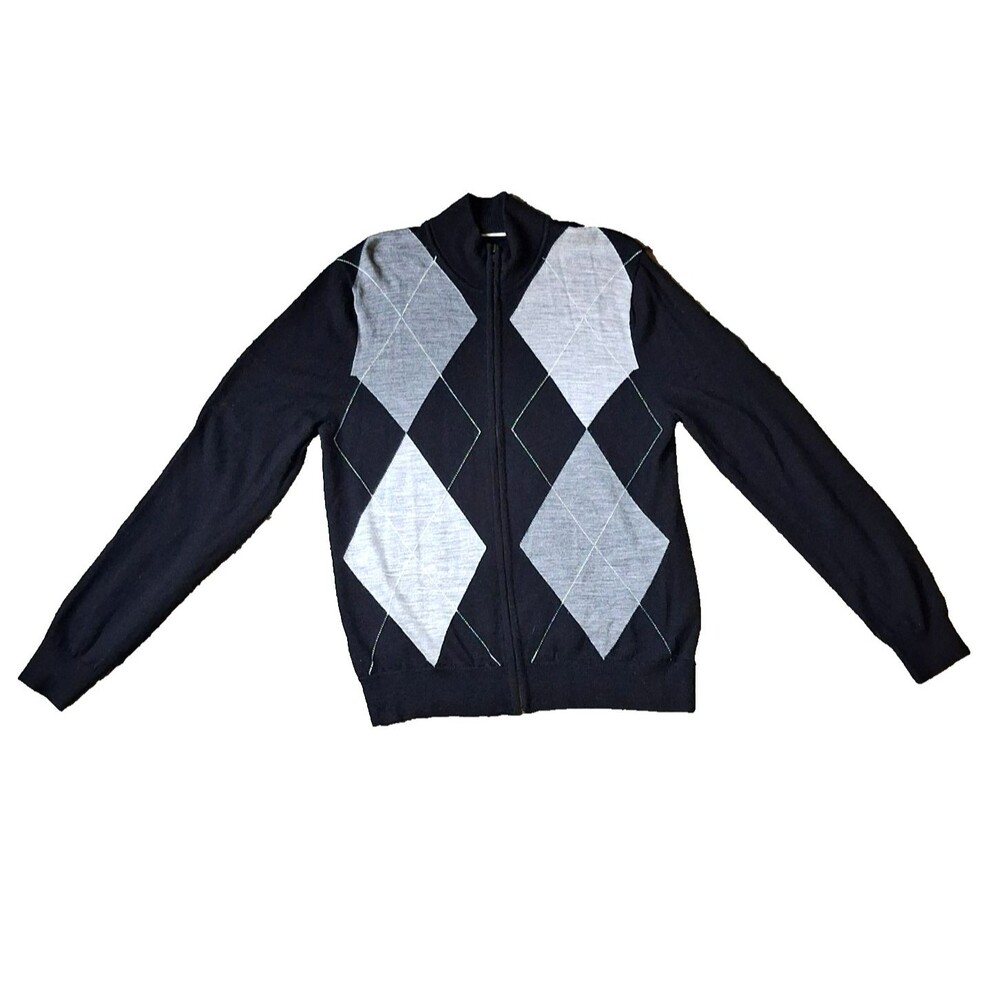 Express Argyle Black Gray Mens 100% Merino Wool L Full Zip Mock Neck Cardigan